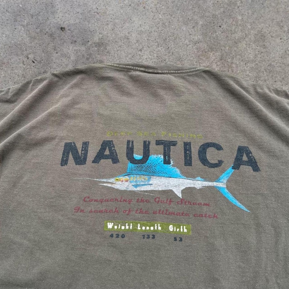 Vintage 90s Nautica Deep Sea Marlin Fishing Graphic T Shirt Olive USA Mens‎ XXL